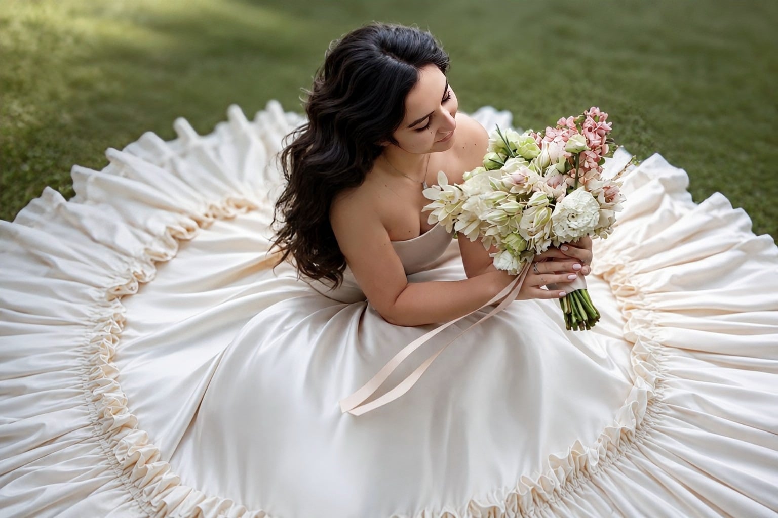 Bride holding a garden-inspired Blush Botanica wedding bouquet